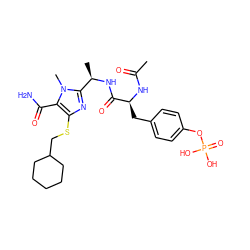 CC(=O)N[C@@H](Cc1ccc(OP(=O)(O)O)cc1)C(=O)N[C@H](C)c1nc(SCC2CCCCC2)c(C(N)=O)n1C ZINC000028261849