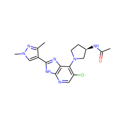 CC(=O)N[C@@H]1CCN(c2c(Cl)cnc3[nH]c(-c4cn(C)nc4C)nc23)C1 ZINC000103273756