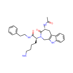 CC(=O)N[C@@H]1Cc2c([nH]c3ccccc23)CN([C@@H](CCCCN)C(=O)NCCc2ccccc2)C1=O ZINC000040979890