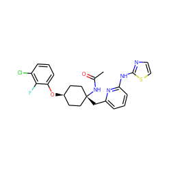 CC(=O)N[C@]1(Cc2cccc(Nc3nccs3)n2)CC[C@@H](Oc2cccc(Cl)c2F)CC1 ZINC001772620622