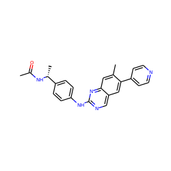 CC(=O)N[C@H](C)c1ccc(Nc2ncc3cc(-c4ccncc4)c(C)cc3n2)cc1 ZINC000095591792