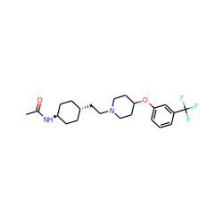 CC(=O)N[C@H]1CC[C@H](CCN2CCC(Oc3cccc(C(F)(F)F)c3)CC2)CC1 ZINC000261130043