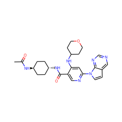 CC(=O)N[C@H]1CC[C@H](NC(=O)c2cnc(-n3ccc4cncnc43)cc2NC2CCOCC2)CC1 ZINC001772576393