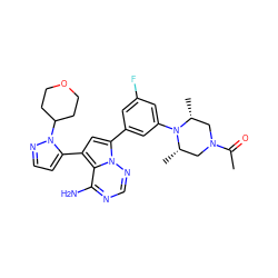 CC(=O)N1C[C@H](C)N(c2cc(F)cc(-c3cc(-c4ccnn4C4CCOCC4)c4c(N)ncnn34)c2)[C@H](C)C1 ZINC001772609673