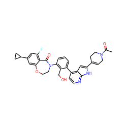 CC(=O)N1CC=C(c2cc3c(-c4cccc(N5CCOc6cc(C7CC7)cc(F)c6C5=O)c4CO)ccnc3[nH]2)CC1 ZINC001772589025