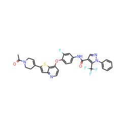 CC(=O)N1CC=C(c2cc3nccc(Oc4ccc(NC(=O)c5cnn(-c6ccccc6)c5C(F)(F)F)cc4F)c3s2)CC1 ZINC000049784009