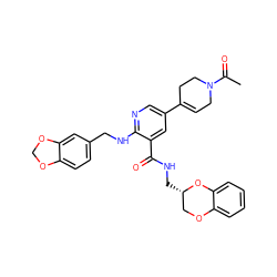 CC(=O)N1CC=C(c2cnc(NCc3ccc4c(c3)OCO4)c(C(=O)NC[C@H]3COc4ccccc4O3)c2)CC1 ZINC000473134317