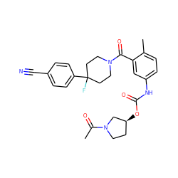 CC(=O)N1CC[C@H](OC(=O)Nc2ccc(C)c(C(=O)N3CCC(F)(c4ccc(C#N)cc4)CC3)c2)C1 ZINC000143525764