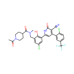 CC(=O)N1CCC(C(=O)N(C)Cc2cc(Cl)cc(-c3cc(-c4cc(C(F)(F)F)ccc4Cl)c(C#N)c(=O)[nH]3)c2O)CC1 ZINC000028821578