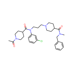 CC(=O)N1CCC(C(=O)N(CCCN2CCC(C(=O)N(C)Cc3ccccc3)CC2)c2cccc(Cl)c2)CC1 ZINC000103234231