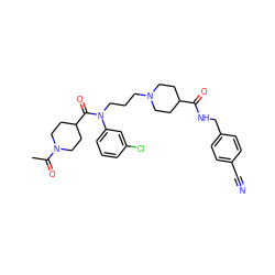 CC(=O)N1CCC(C(=O)N(CCCN2CCC(C(=O)NCc3ccc(C#N)cc3)CC2)c2cccc(Cl)c2)CC1 ZINC000103234244