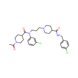 CC(=O)N1CCC(C(=O)N(CCCN2CCC(C(=O)NCc3ccc(Cl)cc3)CC2)c2cccc(Cl)c2)CC1 ZINC000103234241