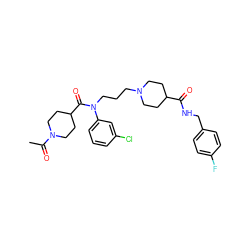 CC(=O)N1CCC(C(=O)N(CCCN2CCC(C(=O)NCc3ccc(F)cc3)CC2)c2cccc(Cl)c2)CC1 ZINC000103234238