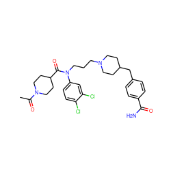 CC(=O)N1CCC(C(=O)N(CCCN2CCC(Cc3ccc(C(N)=O)cc3)CC2)c2ccc(Cl)c(Cl)c2)CC1 ZINC000038156562