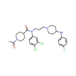 CC(=O)N1CCC(C(=O)N(CCCN2CCC(Nc3ccc(F)cc3)CC2)c2ccc(Cl)c(Cl)c2)CC1 ZINC000038156572