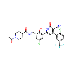 CC(=O)N1CCC(C(=O)NCc2cc(Cl)cc(-c3cc(-c4cc(C(F)(F)F)ccc4Cl)c(C#N)c(=O)[nH]3)c2O)CC1 ZINC000028821579