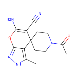 CC(=O)N1CCC2(CC1)C(C#N)=C(N)Oc1n[nH]c(C)c12 ZINC000005130453