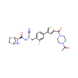 CC(=O)N1CCN(C(=O)c2cc(-c3ccc(C[C@@H](C#N)NC(=O)[C@H]4N[C@@H]5CC[C@H]4C5)c(F)c3)cs2)CC1 ZINC000220820443