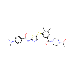 CC(=O)N1CCN(C(=O)c2cc(C)c(C)c(Sc3cnc(NC(=O)c4ccc(N(C)C)cc4)s3)c2)CC1 ZINC000036184870