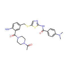 CC(=O)N1CCN(C(=O)c2cc(CSc3cnc(NC(=O)c4ccc(N(C)C)cc4)s3)ccc2N)CC1 ZINC000036184838