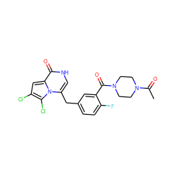 CC(=O)N1CCN(C(=O)c2cc(Cc3c[nH]c(=O)c4cc(Cl)c(Cl)n34)ccc2F)CC1 ZINC000045374054