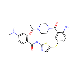 CC(=O)N1CCN(C(=O)c2cc(Sc3cnc(NC(=O)c4ccc(N(C)C)cc4)s3)ccc2N)CC1 ZINC000036184868