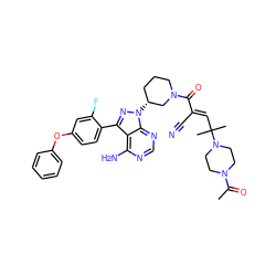 CC(=O)N1CCN(C(C)(C)/C=C(\C#N)C(=O)N2CCC[C@@H](n3nc(-c4ccc(Oc5ccccc5)cc4F)c4c(N)ncnc43)C2)CC1 ZINC000207754828