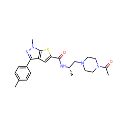 CC(=O)N1CCN(C[C@H](C)NC(=O)c2cc3c(-c4ccc(C)cc4)nn(C)c3s2)CC1 ZINC000045357440