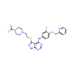 CC(=O)N1CCN(CCOc2n[nH]c3ncnc(Nc4ccc(OCc5ccccn5)c(Cl)c4)c23)CC1 ZINC000029128811