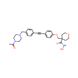 CC(=O)N1CCN(Cc2ccc(C#Cc3ccc(OCC4(C(=O)NO)CCOCC4)cc3)cc2)CC1 ZINC000299838311