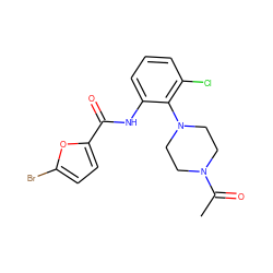 CC(=O)N1CCN(c2c(Cl)cccc2NC(=O)c2ccc(Br)o2)CC1 ZINC000009422342