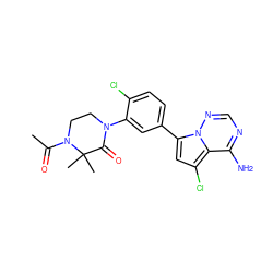 CC(=O)N1CCN(c2cc(-c3cc(Cl)c4c(N)ncnn34)ccc2Cl)C(=O)C1(C)C ZINC001772578468