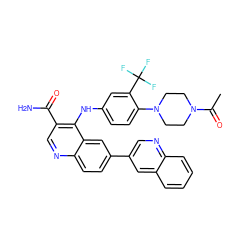 CC(=O)N1CCN(c2ccc(Nc3c(C(N)=O)cnc4ccc(-c5cnc6ccccc6c5)cc34)cc2C(F)(F)F)CC1 ZINC000653762886