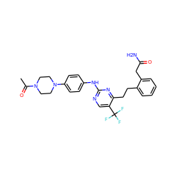 CC(=O)N1CCN(c2ccc(Nc3ncc(C(F)(F)F)c(CCc4ccccc4CC(N)=O)n3)cc2)CC1 ZINC000207567004