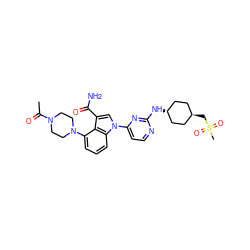 CC(=O)N1CCN(c2cccc3c2c(C(N)=O)cn3-c2ccnc(N[C@H]3CC[C@H](CS(C)(=O)=O)CC3)n2)CC1 ZINC000261156323