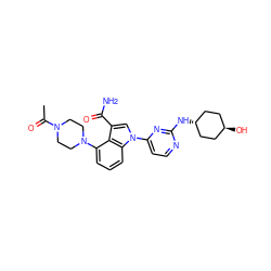 CC(=O)N1CCN(c2cccc3c2c(C(N)=O)cn3-c2ccnc(N[C@H]3CC[C@H](O)CC3)n2)CC1 ZINC000261182483