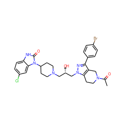 CC(=O)N1CCc2c(c(-c3ccc(Br)cc3)nn2C[C@@H](O)CN2CCC(n3c(=O)[nH]c4ccc(Cl)cc43)CC2)C1 ZINC000028341328