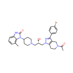 CC(=O)N1CCc2c(c(-c3ccc(Br)cc3)nn2C[C@@H](O)CN2CCC(n3c(=O)[nH]c4cccc(C)c43)CC2)C1 ZINC000028331947