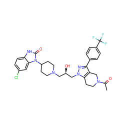 CC(=O)N1CCc2c(c(-c3ccc(C(F)(F)F)cc3)nn2C[C@H](O)CN2CCC(n3c(=O)[nH]c4ccc(Cl)cc43)CC2)C1 ZINC000028336296