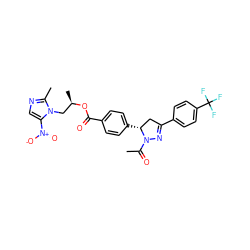 CC(=O)N1N=C(c2ccc(C(F)(F)F)cc2)C[C@H]1c1ccc(C(=O)O[C@H](C)Cn2c([N+](=O)[O-])cnc2C)cc1 ZINC000653791405