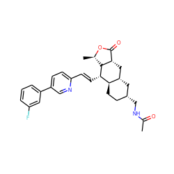 CC(=O)NC[C@@H]1CC[C@@H]2[C@@H](C1)C[C@H]1C(=O)O[C@H](C)[C@H]1[C@H]2/C=C/c1ccc(-c2cccc(F)c2)cn1 ZINC000103244806