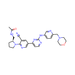 CC(=O)NC[C@@H]1CCCN1c1ncc(-c2ccnc(Nc3ccc(CN4CCOCC4)nc3)n2)cc1C#N ZINC000223208875