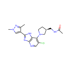 CC(=O)NC[C@@H]1CCN(c2c(Cl)cnc3nc(-c4cn(C)nc4C)[nH]c23)C1 ZINC000095921385