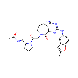 CC(=O)NC[C@H]1CCCN1C(=O)CN1CCCC[C@H](N/C(=N\C#N)Nc2ccc3oc(C)cc3c2)C1=O ZINC000043010148