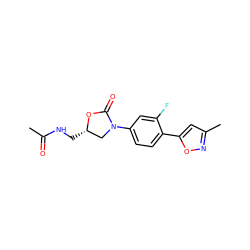 CC(=O)NC[C@H]1CN(c2ccc(-c3cc(C)no3)c(F)c2)C(=O)O1 ZINC000003981621