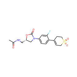 CC(=O)NC[C@H]1CN(c2ccc(C3=CCS(=O)(=O)CC3)c(F)c2)C(=O)O1 ZINC000013607957