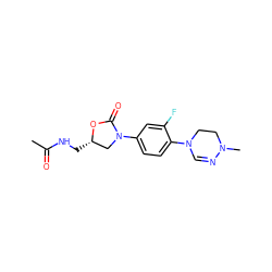 CC(=O)NC[C@H]1CN(c2ccc(N3C=NN(C)CC3)c(F)c2)C(=O)O1 ZINC000043207177