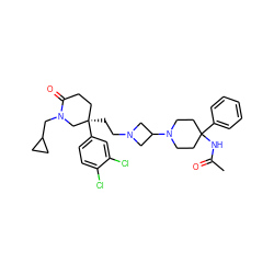 CC(=O)NC1(c2ccccc2)CCN(C2CN(CC[C@@]3(c4ccc(Cl)c(Cl)c4)CCC(=O)N(CC4CC4)C3)C2)CC1 ZINC000027621302