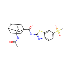 CC(=O)NC12C[C@H]3C[C@@H](C1)CC(C(=O)Nc1nc4ccc(S(C)(=O)=O)cc4s1)(C3)C2 ZINC000012813408