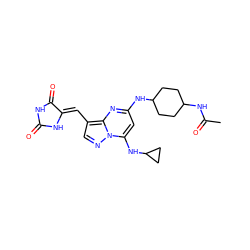 CC(=O)NC1CCC(Nc2cc(NC3CC3)n3ncc(/C=C4\NC(=O)NC4=O)c3n2)CC1 ZINC000117844003